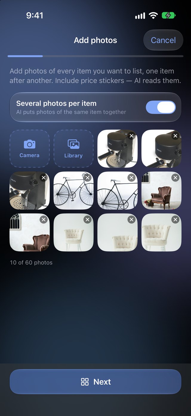 Add photos: ten photos of four different items added at once