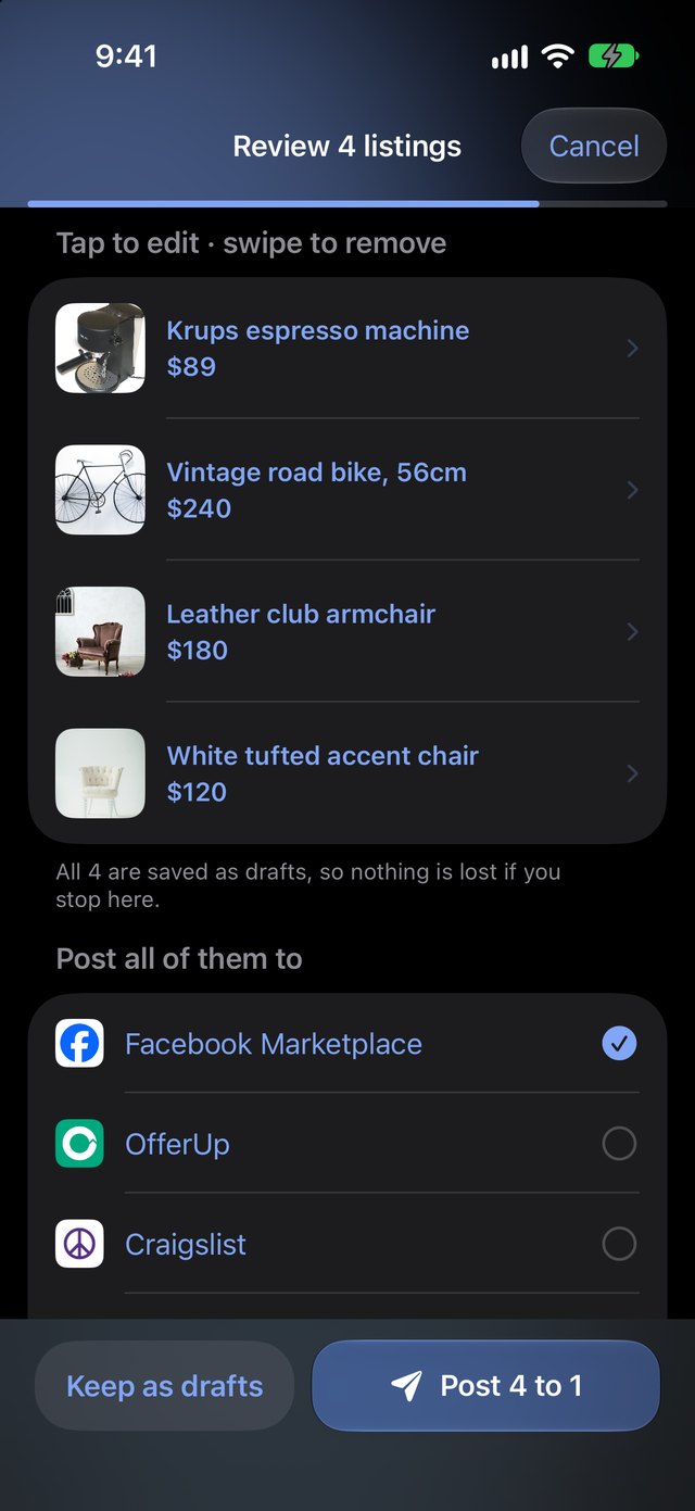 Review 4 listings: tap to edit, then post all of them to the chosen marketplaces
