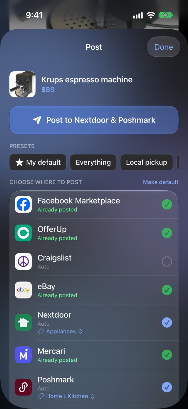 The Post screen: marketplaces the item is already on are checked; Nextdoor and Poshmark selected with their categories shown